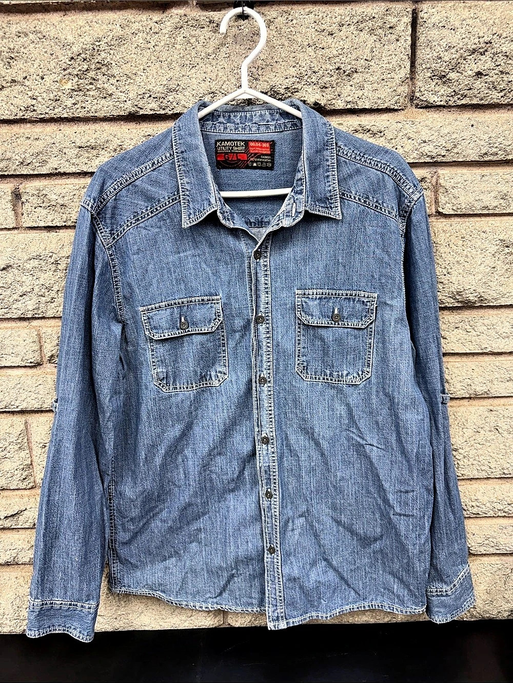 Kamotek G74 Men’s Blue Denim Utility Workwear Shirt Long Sleeve 100% Cotton Sz L